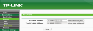   Процесс клонирования MAC-адреса для привязки прост и не отнимает много времени